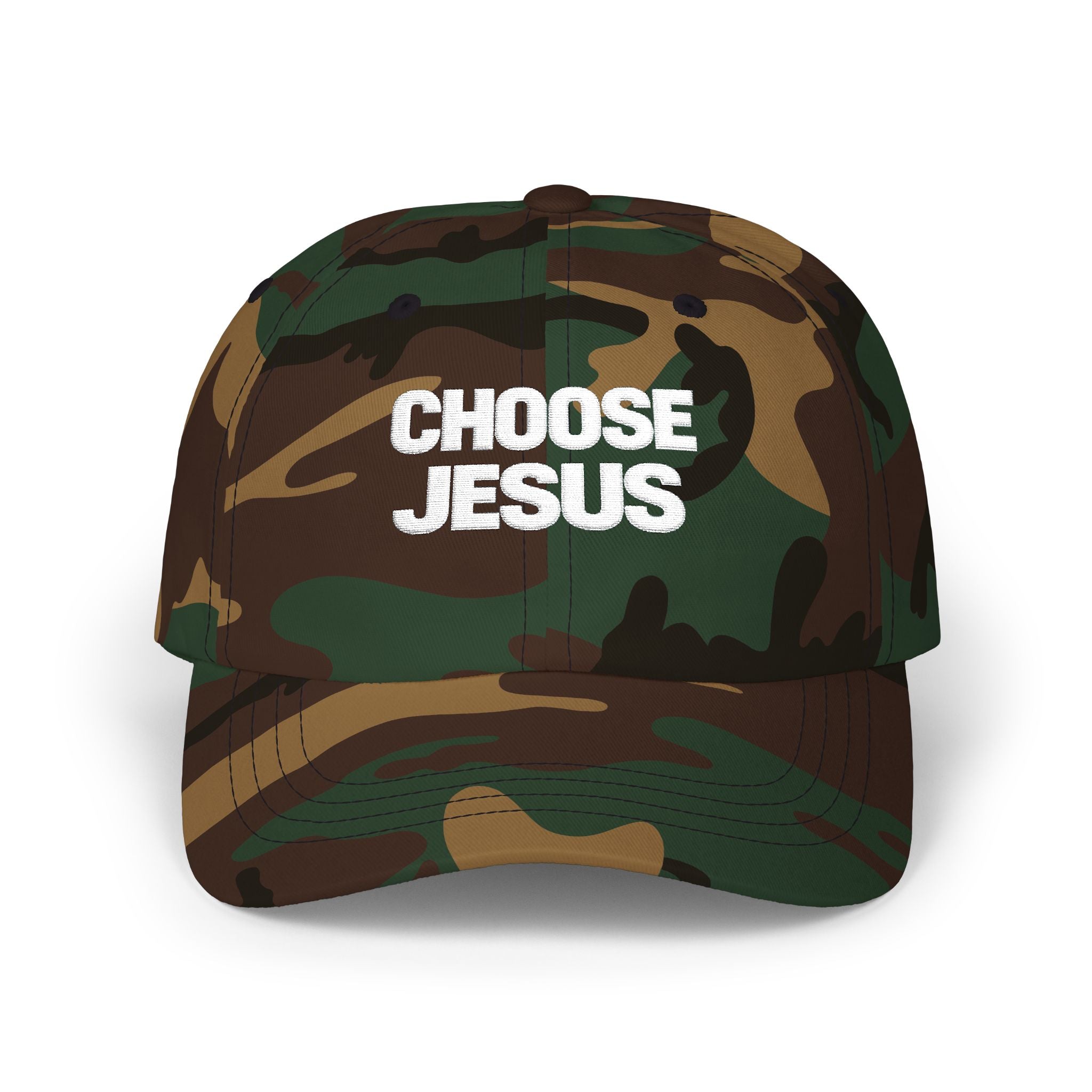 Camo "Choose Jesus" Dad Cap — Faith-Based Trucker Hat for Men & Women