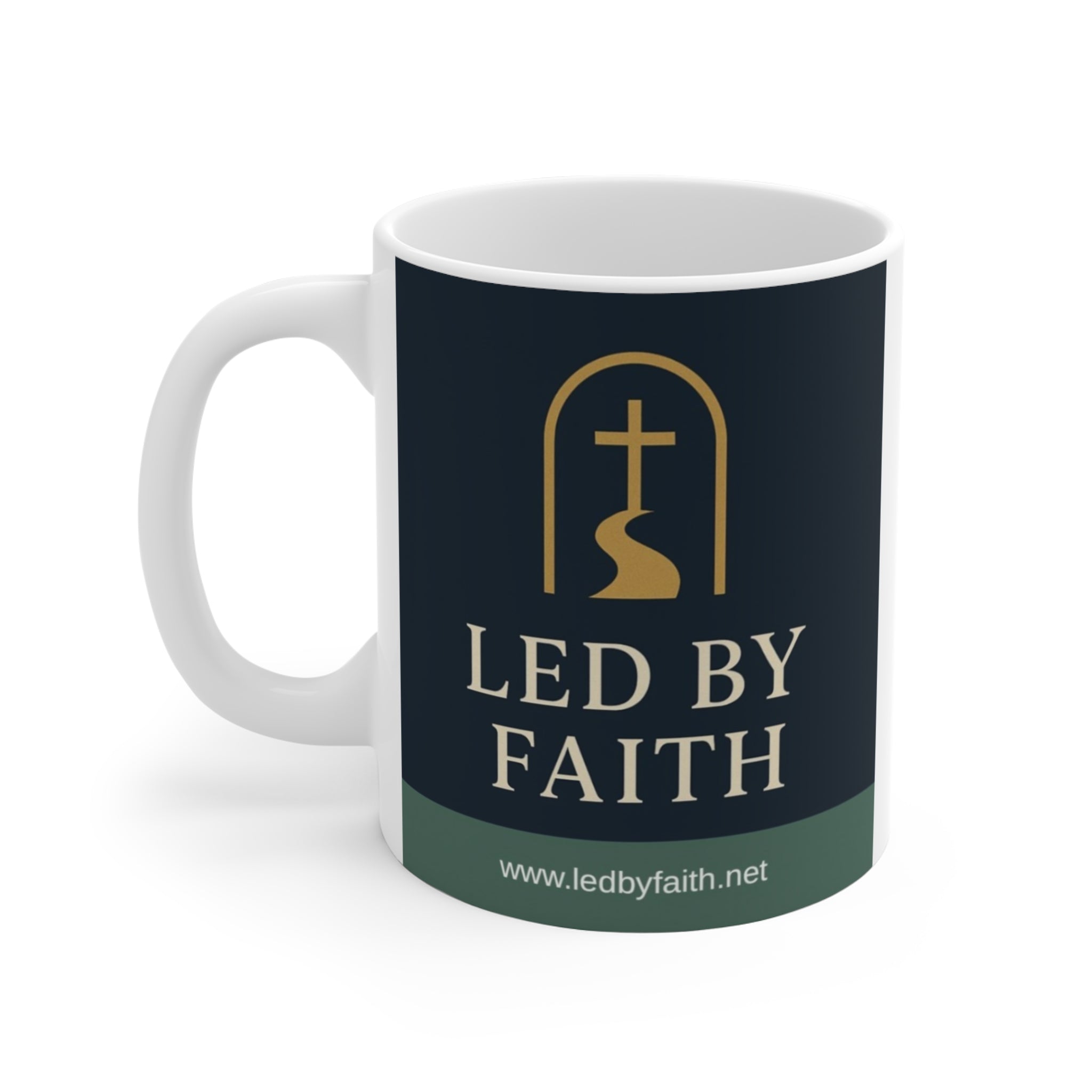 Led By Faith Mug — Inspirational Christian Coffee Cup with Cross & Path Design
