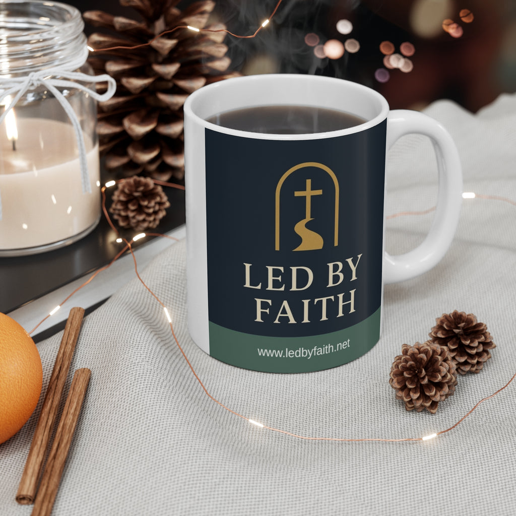 Led By Faith Mug — Inspirational Christian Coffee Cup with Cross & Path Design