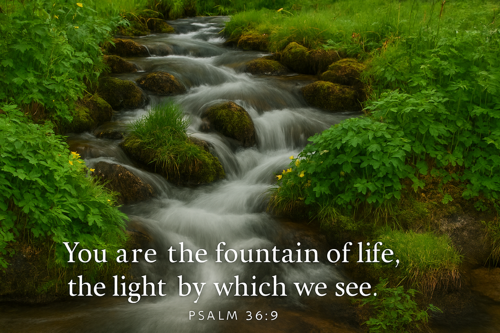 Stream flowing over rocks with greenery on a dark background, featuring a Bible verse.