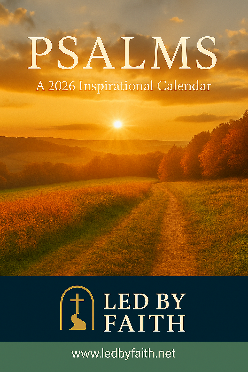 2026 Inspirational Calendar cover with sunset over a field and 'Led by Faith' logo.