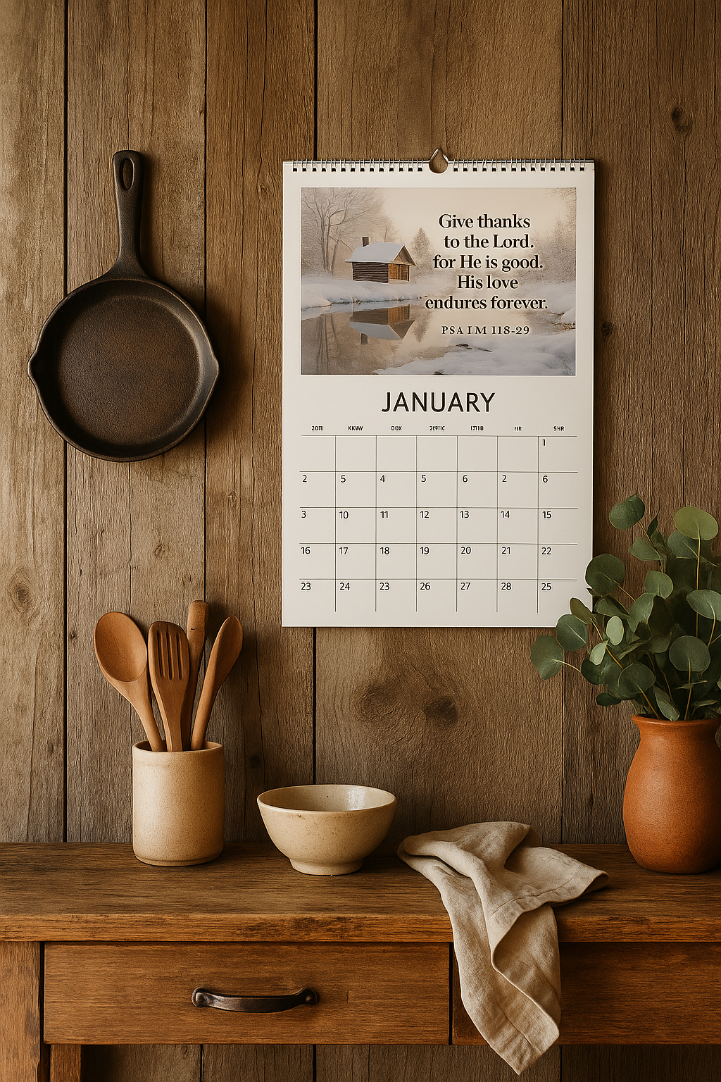 Calendar on a wooden wall with kitchen items below