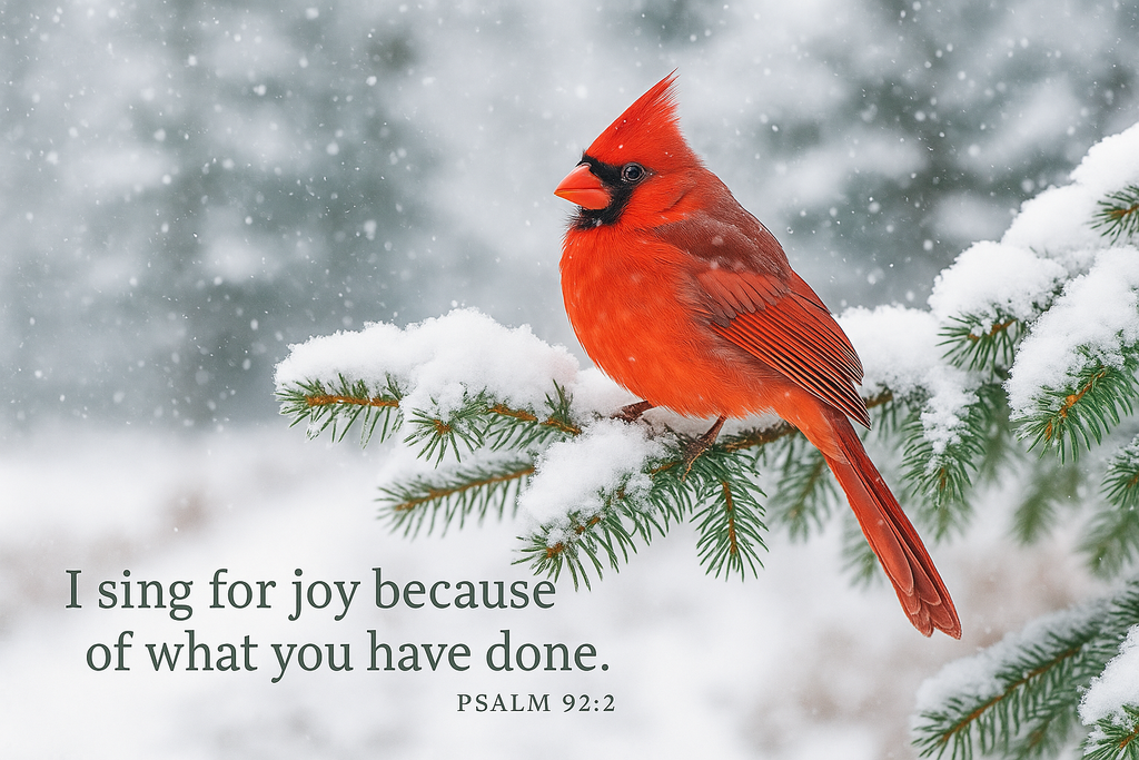 Red cardinal bird on a snow-covered branch with a snowy background