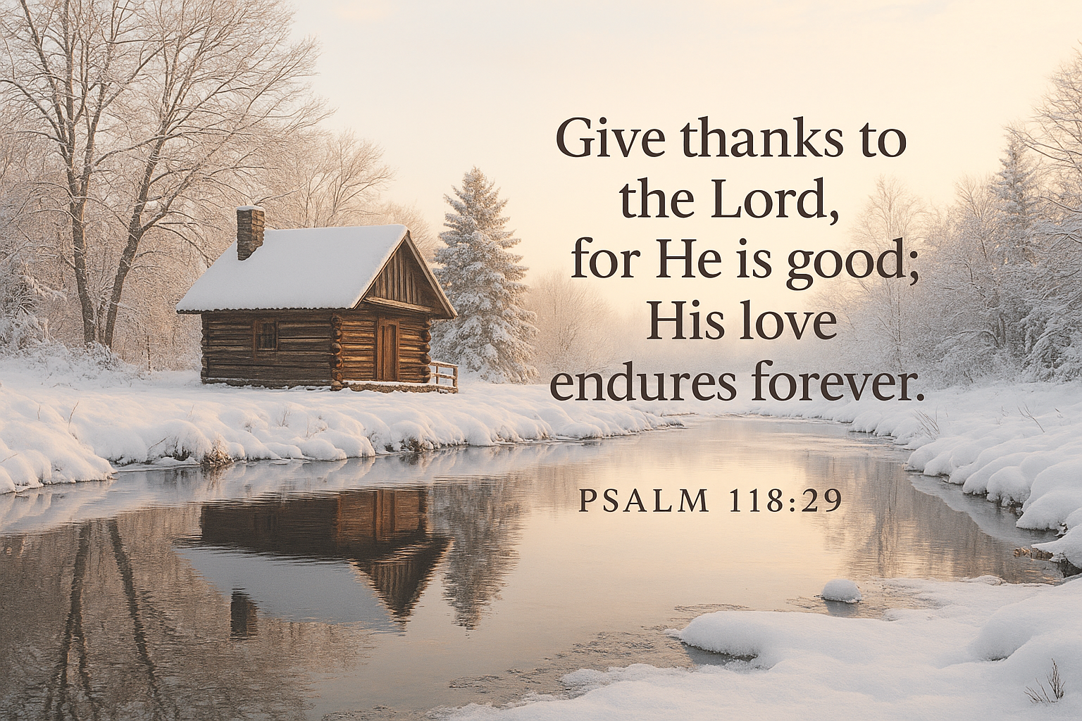 Snowy landscape with a cabin and reflective water, featuring Psalm 118:29 text.