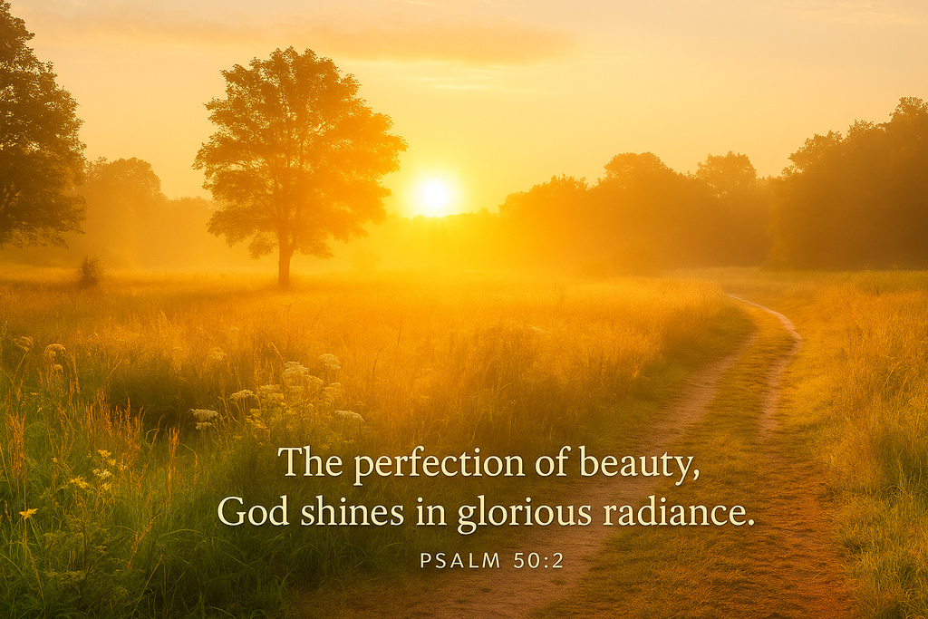 Sunrise over a field with a path and trees, featuring a quote from Psalm 50:2.