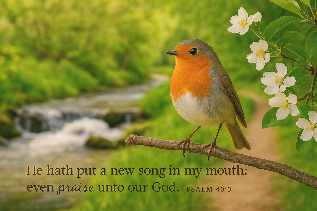 Bird perched on a branch with flowers and a stream in the background, Psalm 40:3 text overlay.