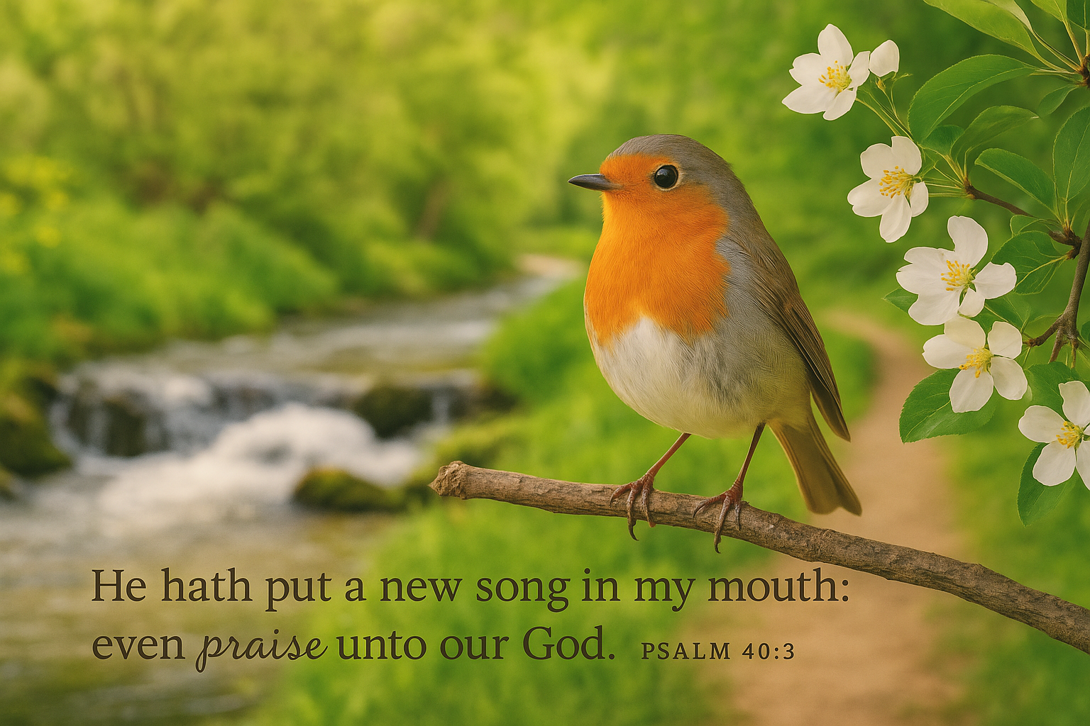 Bird perched on a branch with flowers and a stream in the background, Psalm 40:3 text overlay.