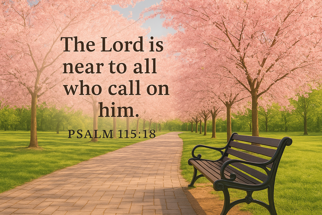 Pathway lined with cherry blossom trees and a bench, with a religious quote and Psalm reference.