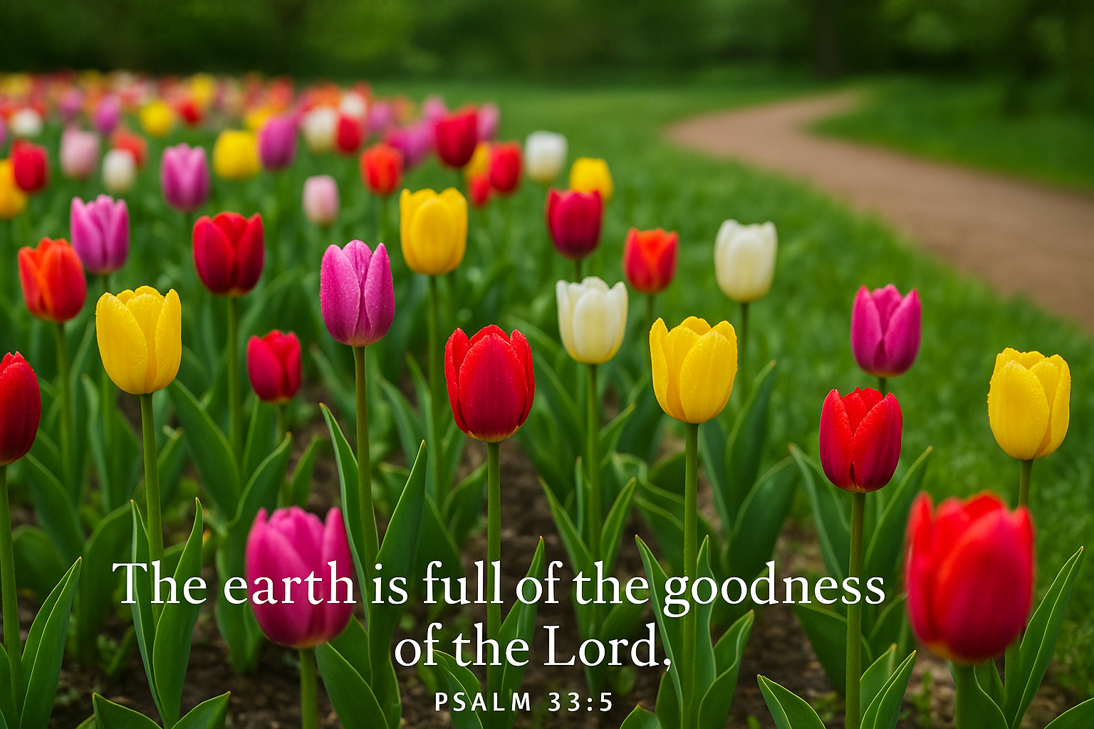 Colorful tulips in a garden with a path and text overlay.