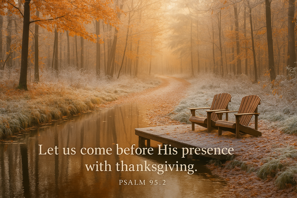 Two wooden chairs by a stream in a forest with a quote from Psalm 95:2.