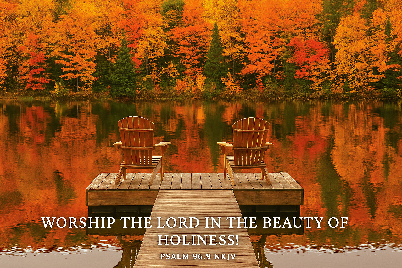 Two wooden chairs on a dock with autumn trees reflecting in a lake, accompanied by a religious quote.