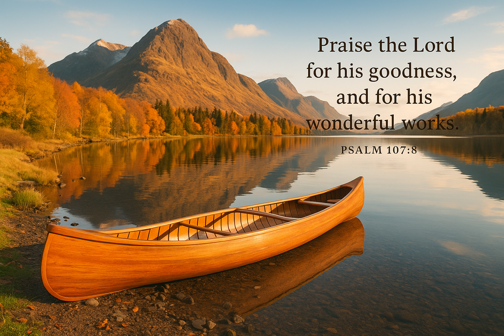 Wooden canoe on a calm lake with mountains and autumn trees, Psalm 107:8 text overlay.